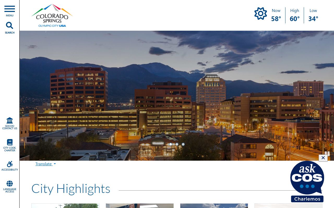 Colorado Springs official city website homepage with department directory and contact information