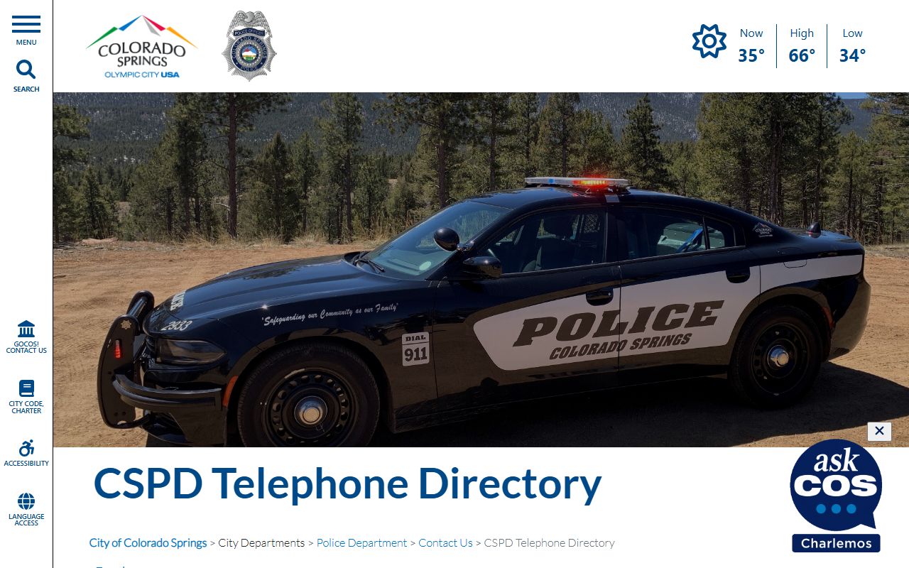 Colorado Springs Police Department telephone directory page listing all division phone numbers