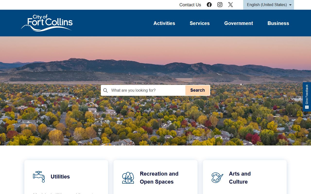 Fort Collins official city website homepage with directory links and contact options
