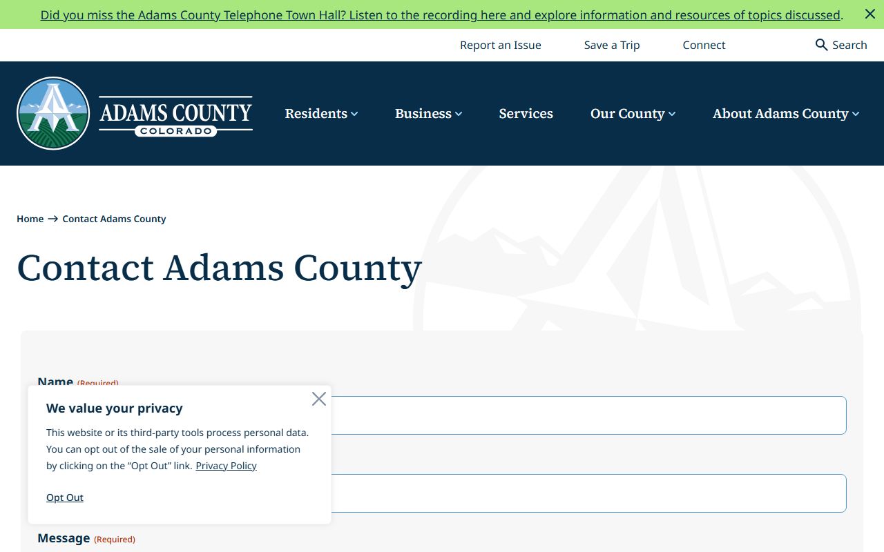 Adams County contact page showing department phone numbers and directory information