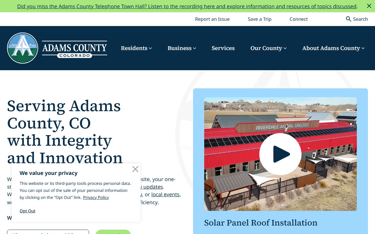 Adams County Colorado government homepage with phone directory and department contacts