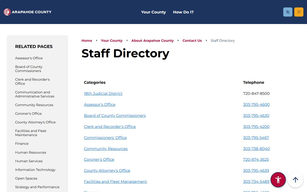 Arapahoe County staff directory search page for phone contacts