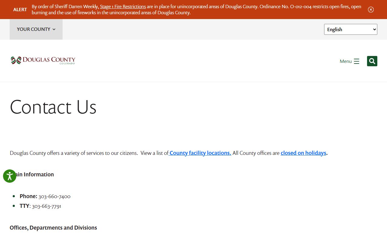 Douglas County Colorado contact page showing department phone directory listings
