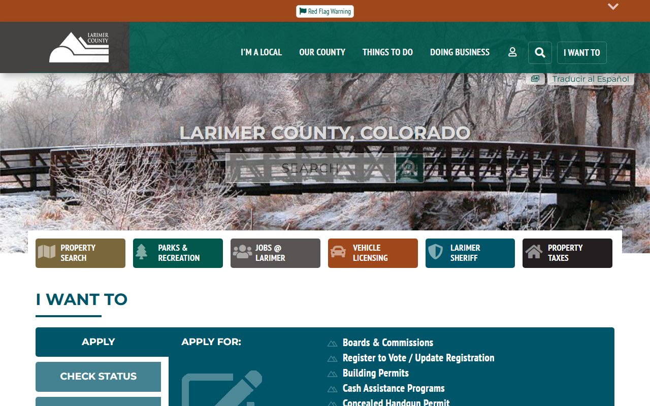 Larimer County official website homepage with phone directory and department links