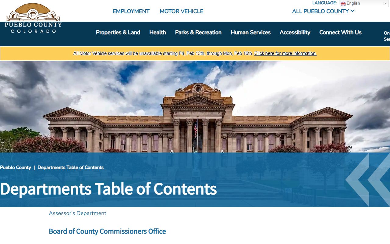 Pueblo County departments page showing phone contacts and office listings