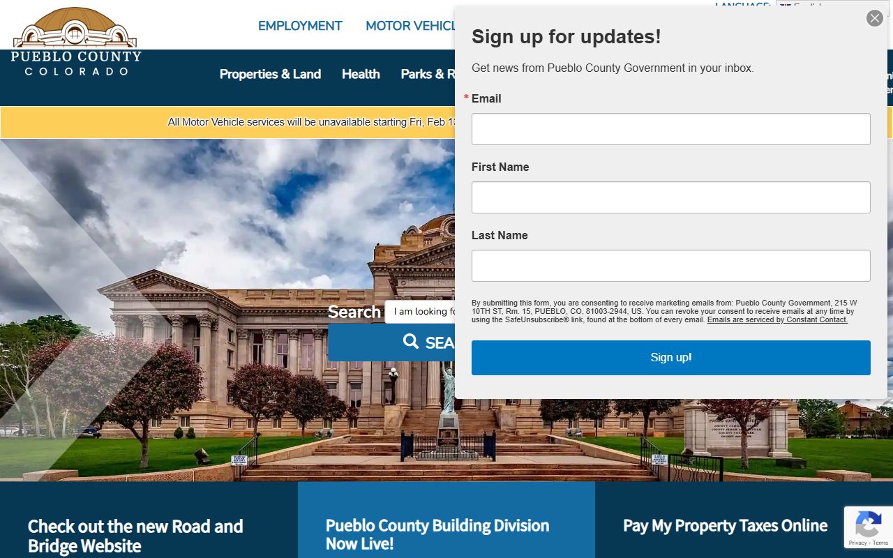 Pueblo County official website homepage showing phone directory and department links