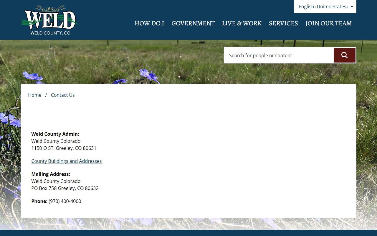 Weld County contact page showing department phone numbers and directory