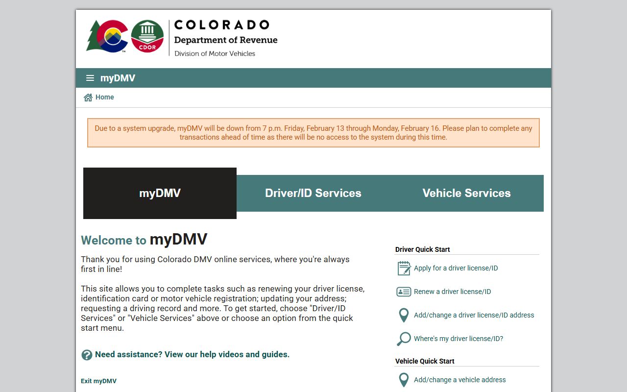 Colorado myDMV online phone directory portal