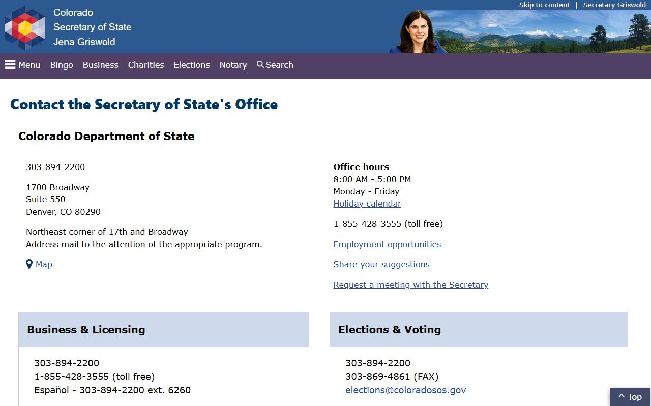 Colorado Secretary of State contact page with phone numbers